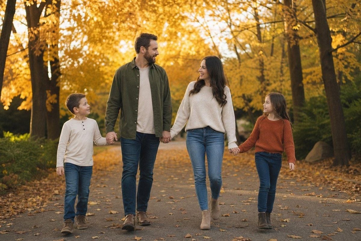 Family walking a tree-lined autumn path toward the camera, using the canopy and path as a natural frame