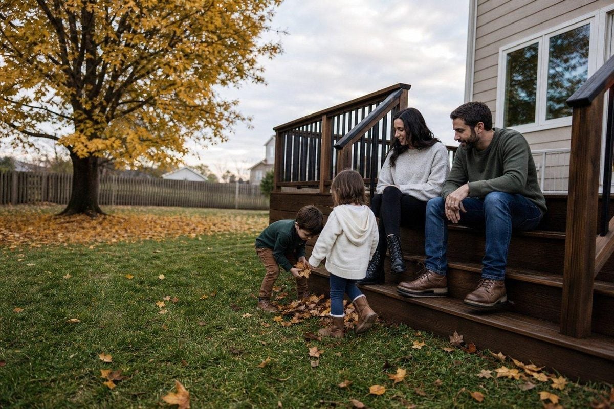Casual backyard fall session with parents on the steps and kids collecting leaves on the grass