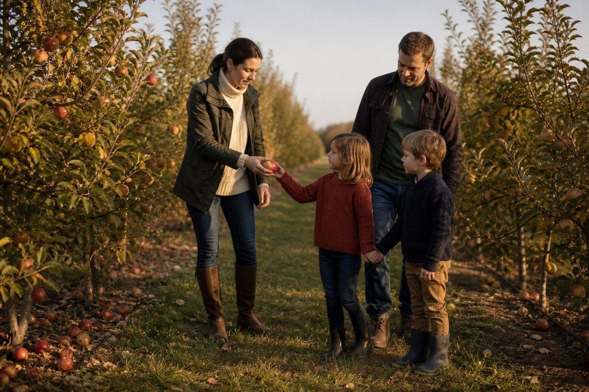 Quiet orchard row with a parent handing a child an apple, using the trees as leading lines