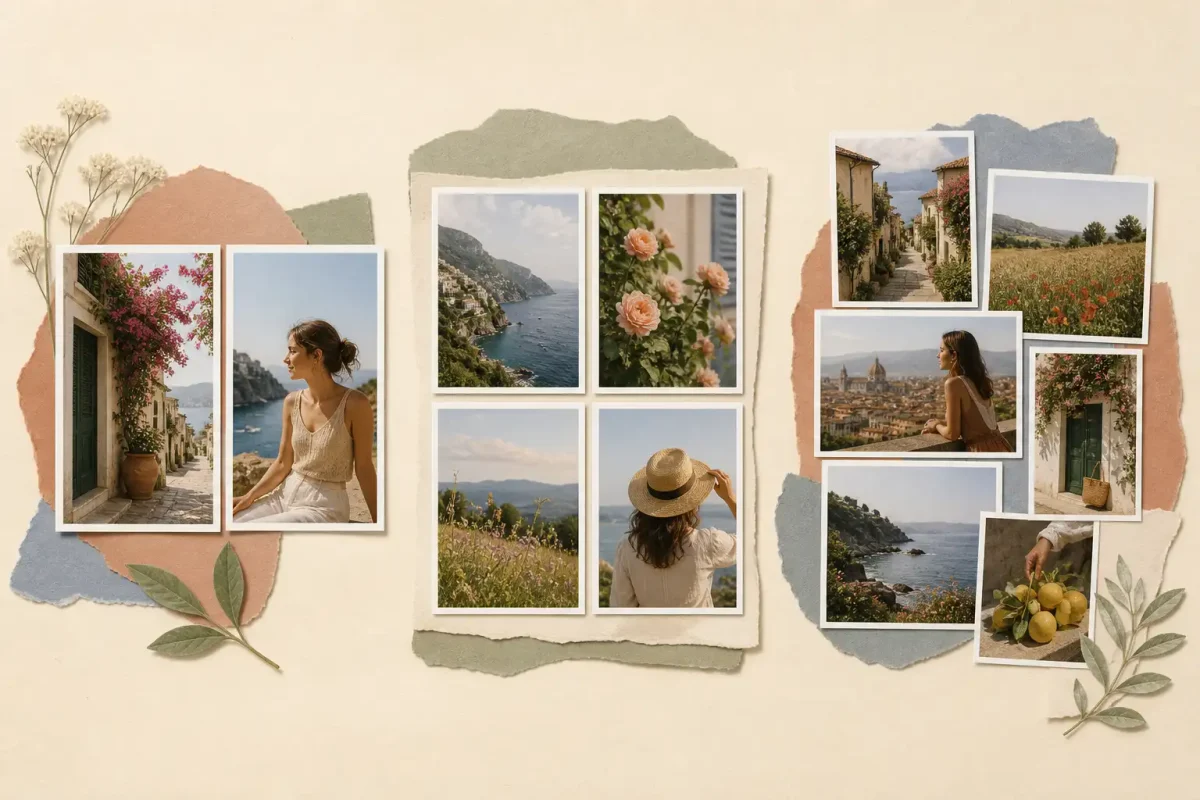 Photo collage maker showing grid and creative template options for different photo counts