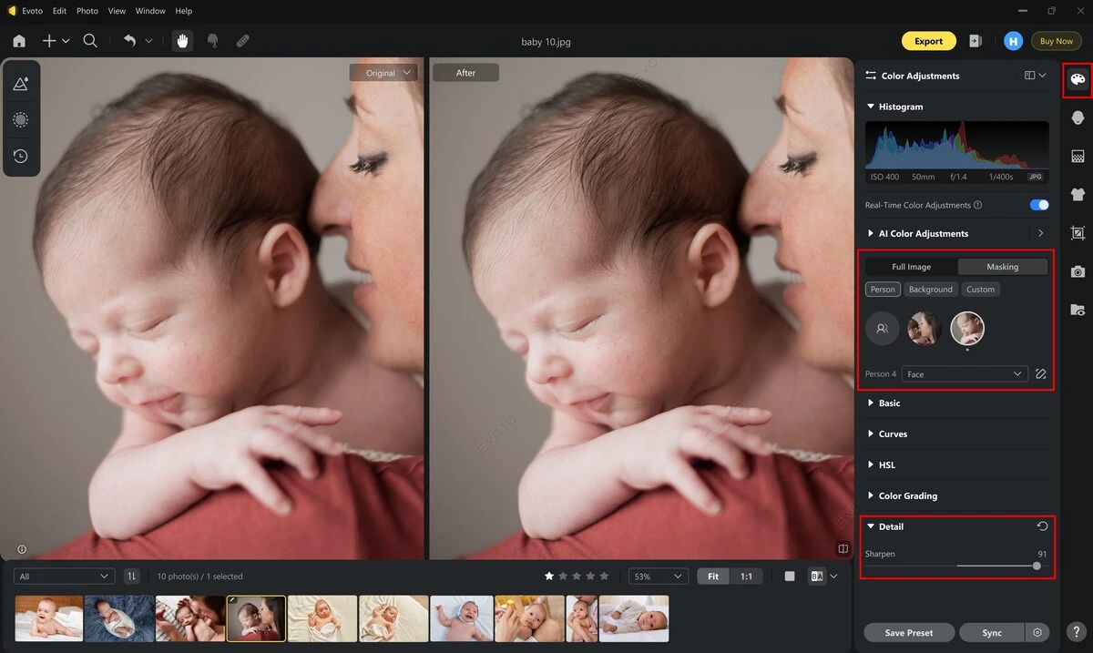 Ajustar nitidez no rosto do bebê para corrigir desfoque de movimento na fotografia newborn