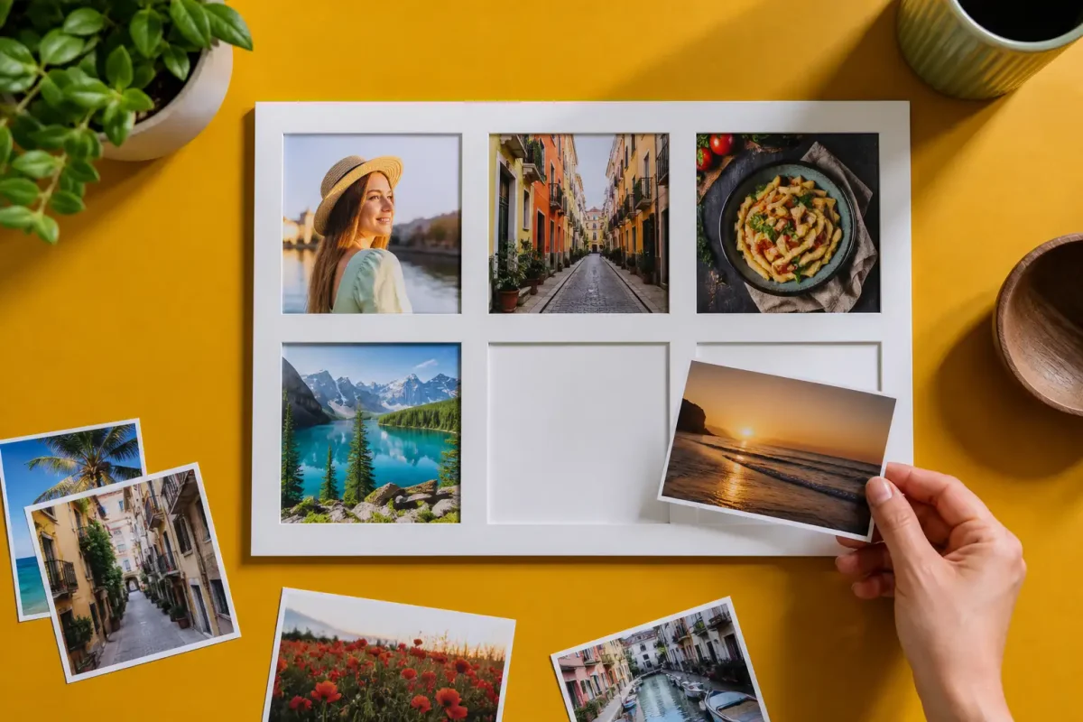 Uploaded photos arranged across multiple slots in an online collage layout