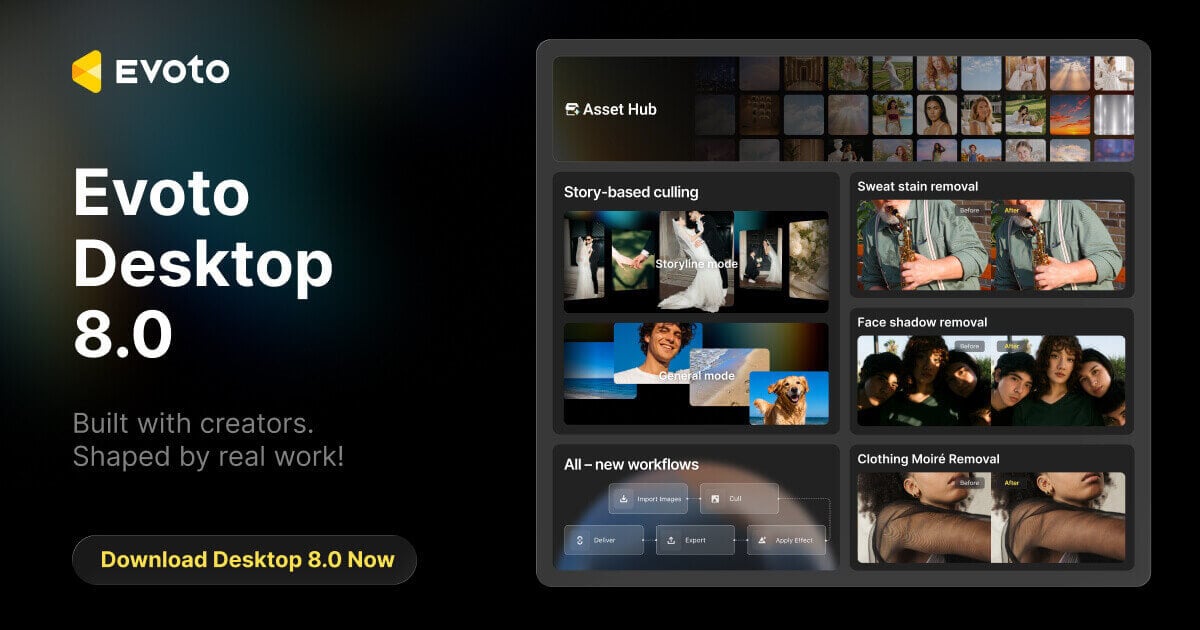 Evoto Desktop 8.0 story culling all-new workflows sweat stain and face shadow removal