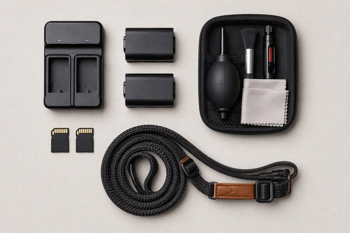 On-set photographer gift essentials including spare batteries memory cards and a cleaning kit