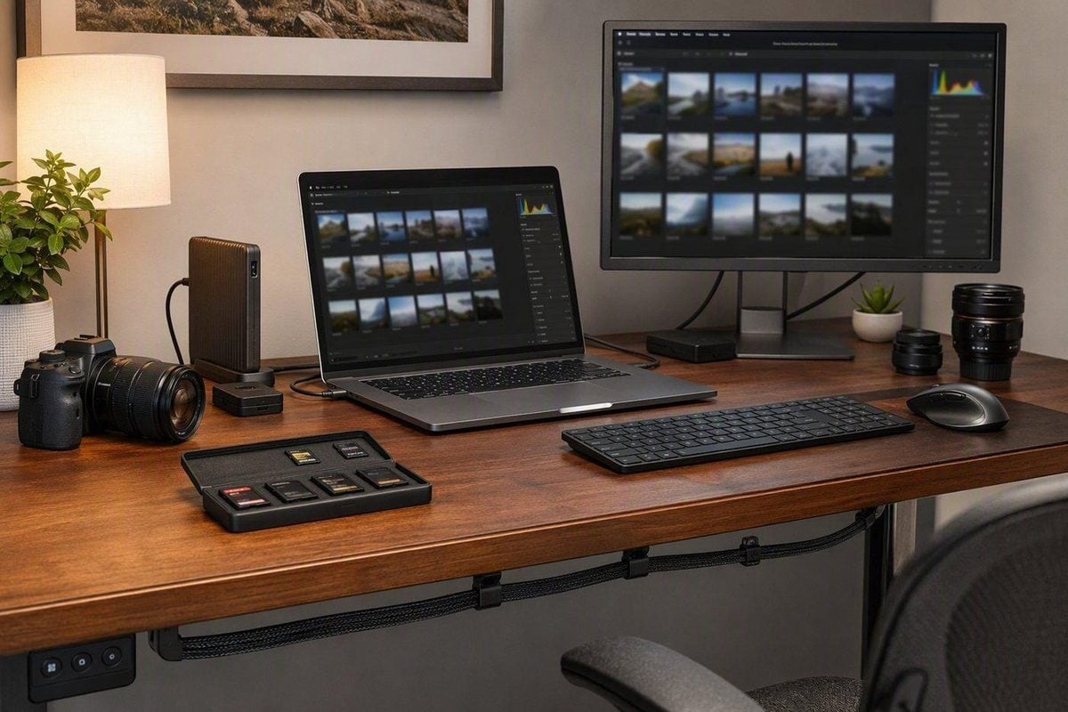 Clean photographer editing desk with organized cards cables and a comfortable workspace setup