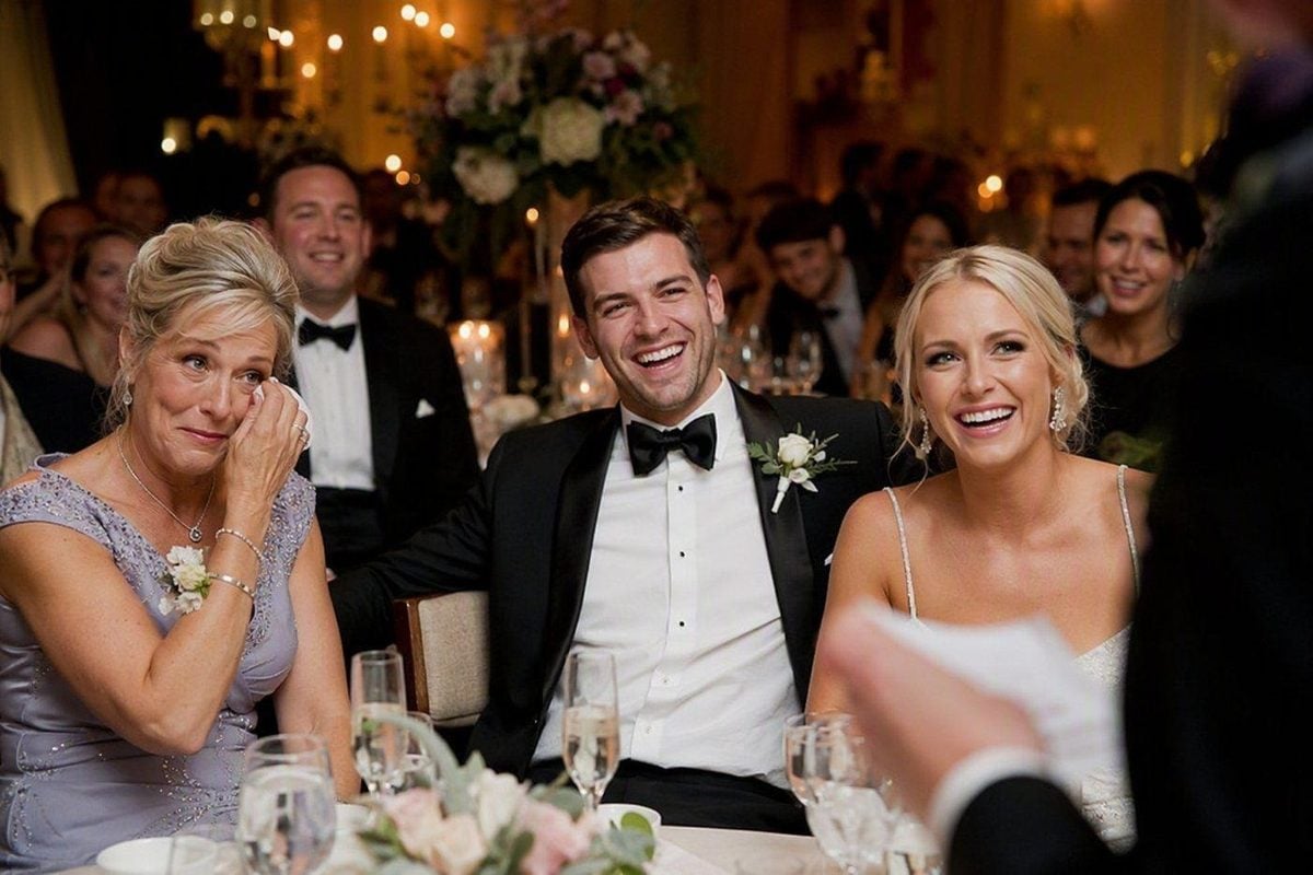 Reception toast photo with natural skin tones and warm ambient room light preserved