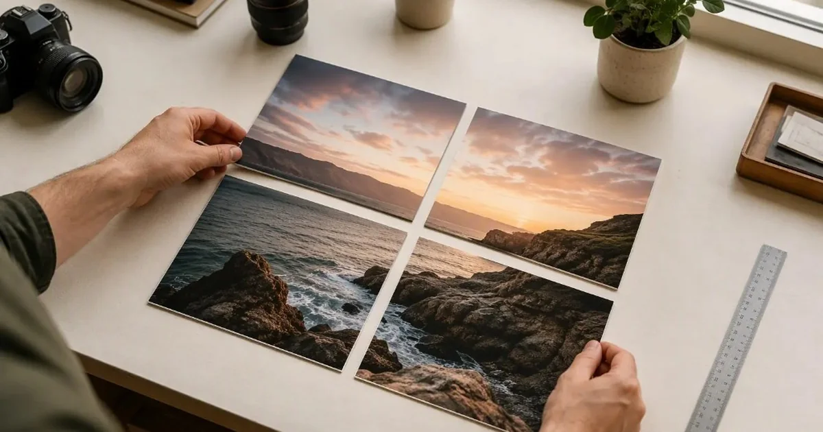 Paisagem cortada em quatro fotos impressas, lado a lado na mesa