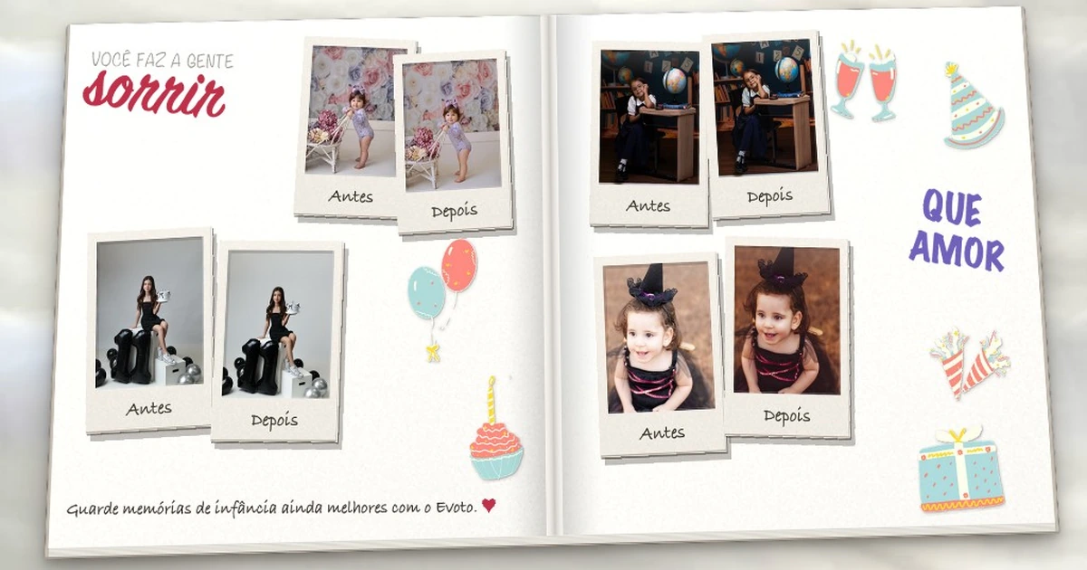 Promoção de outubro no Evoto: álbum de fotografia infantil com antes e depois