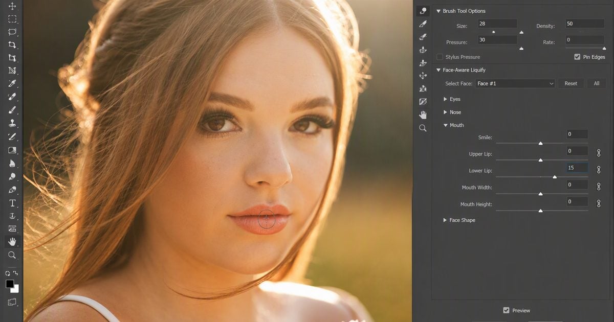 photoshop liquify lips preview bridal headshot